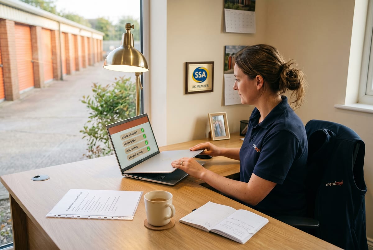 Friday evening at the self-storage operator's desk - this week's new tenants onboarded, the arrears ladder running by itself, the acquisition data-pack already current
