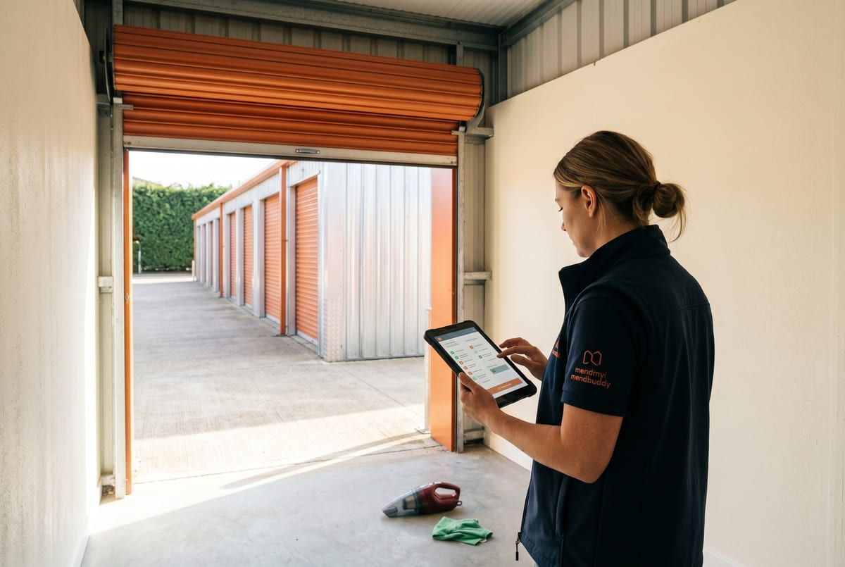 A Wednesday morning at the self-storage yard - operator with a tablet inside a freshly-vacated 100sqft unit, photographing the swept interior, the *available* state writing back to the website's live-availability widget within minutes