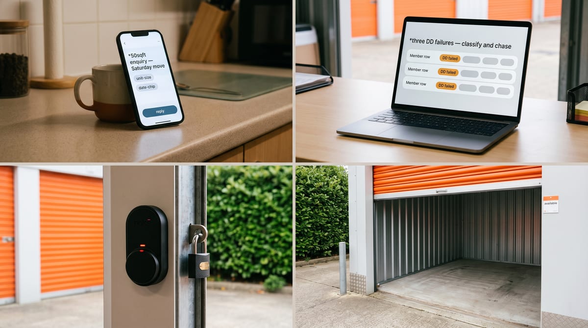 A UK independent self-storage operator's week - the 11pm enquiry, the Tuesday DD-bounce list, the Nokē battery alert, the vacated unit waiting to be re-listed, the acquirer's data-request folder