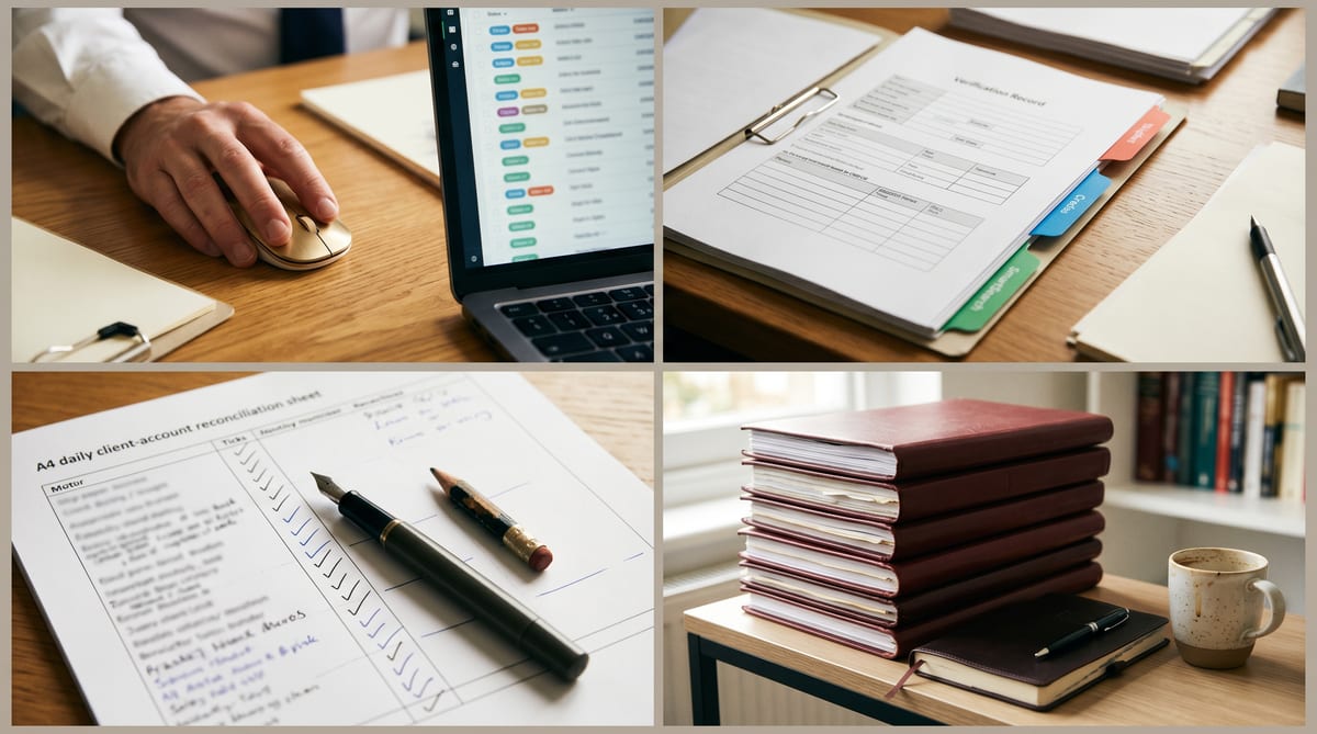 A UK high-street solicitor firm's week - the CMS matter list, the AML folder, the client account reconciliation, the partner's file-review queue