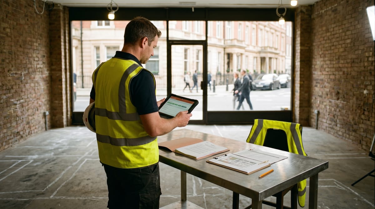 Pre-strip-out commercial fit-out site - RAMS folder, construction phase plan, F10 acknowledgement, asbestos register reference all live on the tablet