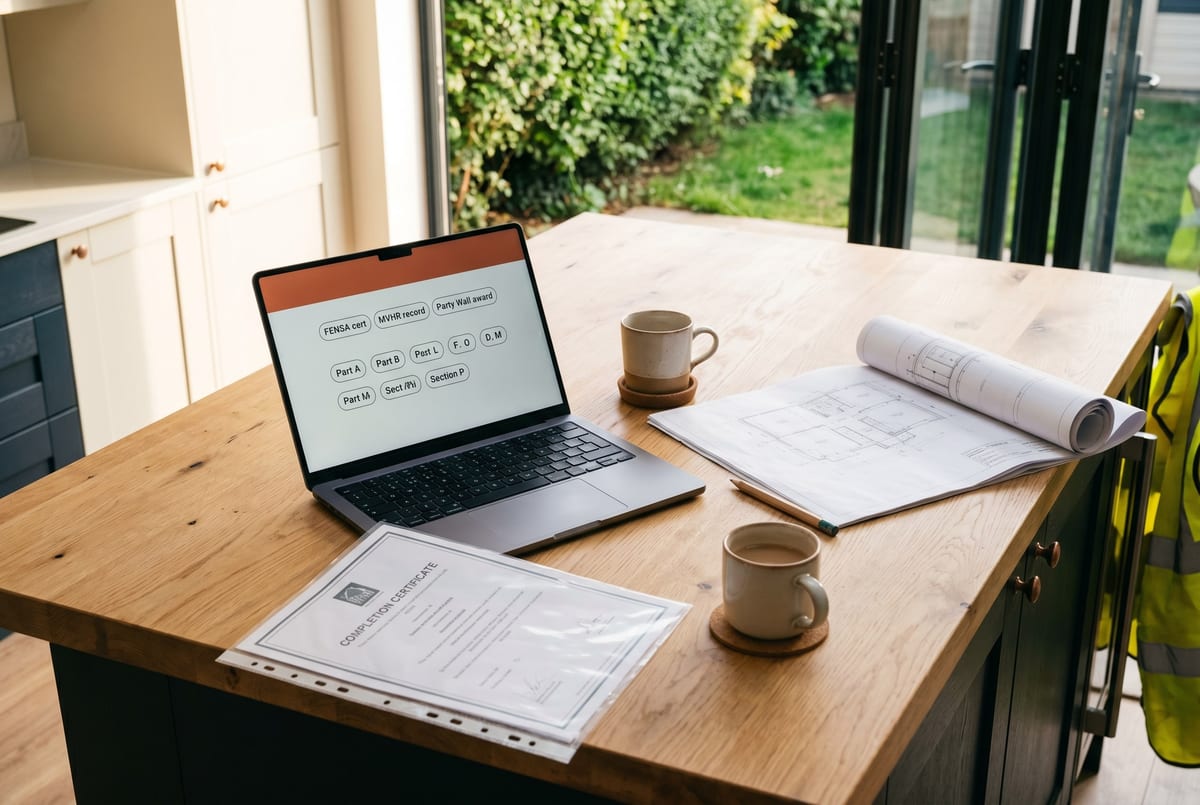 Handover compliance pack - Part A through Part P, FENSA cert, MVHR commissioning record, Party Wall award, all assembled as one PDF on the customer's screen