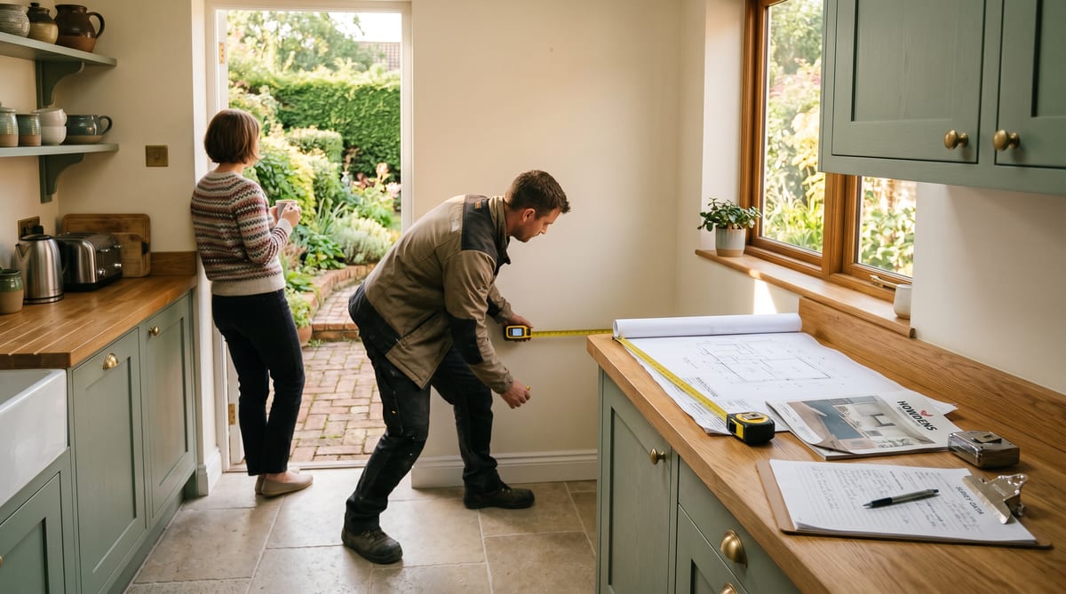 Saturday-morning extension survey - laser tape against a kitchen wall, structural engineer's drawings on the worktop, homeowner with a coffee in the doorway