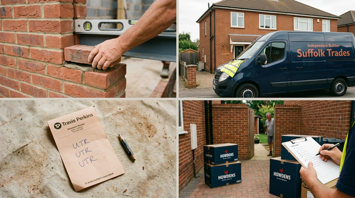 A UK builder's week - extension framing mid-build, the van, a CIS receipt with three subbie UTRs, a Howdens delivery