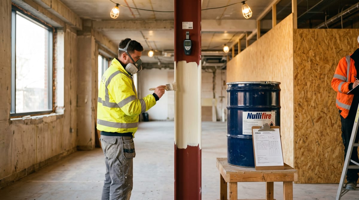 Intumescent application - DFT gauge on a structural steel column, drum batch tag readable, the third-party witness on his clipboard