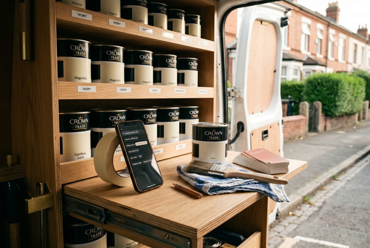 The colour-code log two years later - Crown Trade Magnolia, drum batch 4471, the touch-up tin pulled off the rack before the call ends