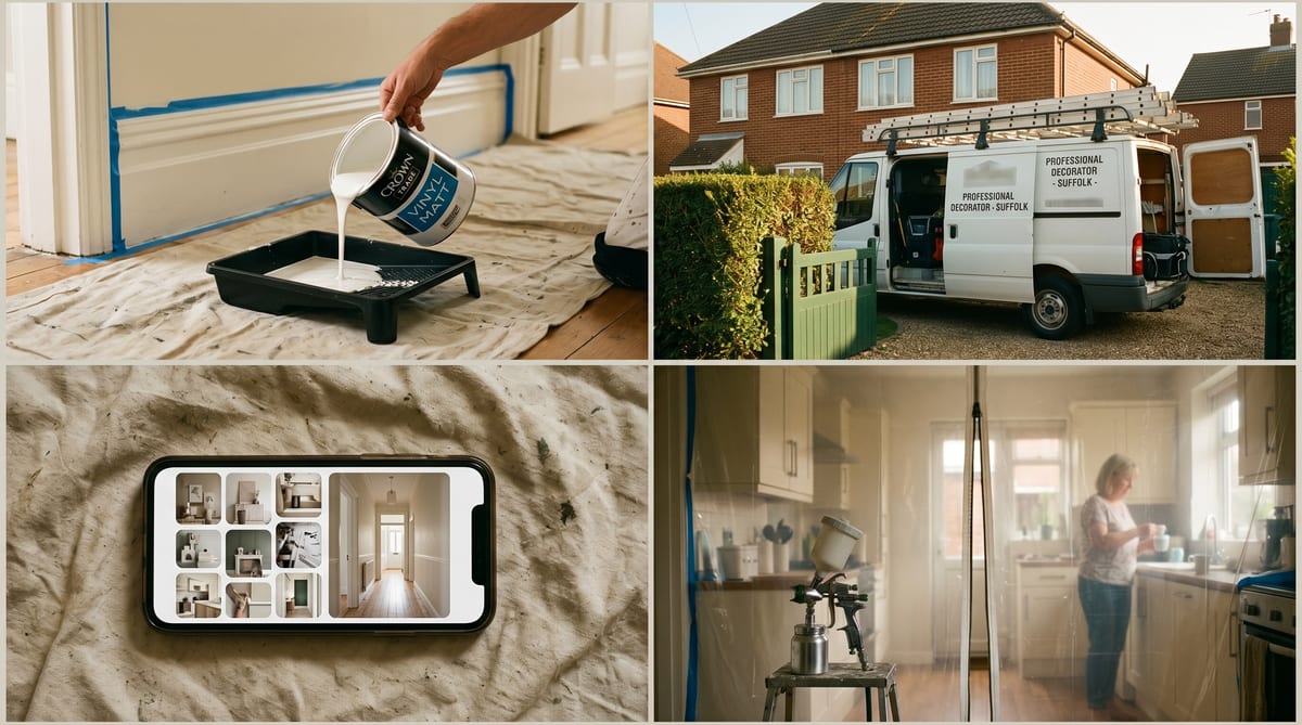 A UK decorator's week - Crown Trade tin on dust-sheets, the van, a masked-off kitchen, the Georgian hallway after-photo