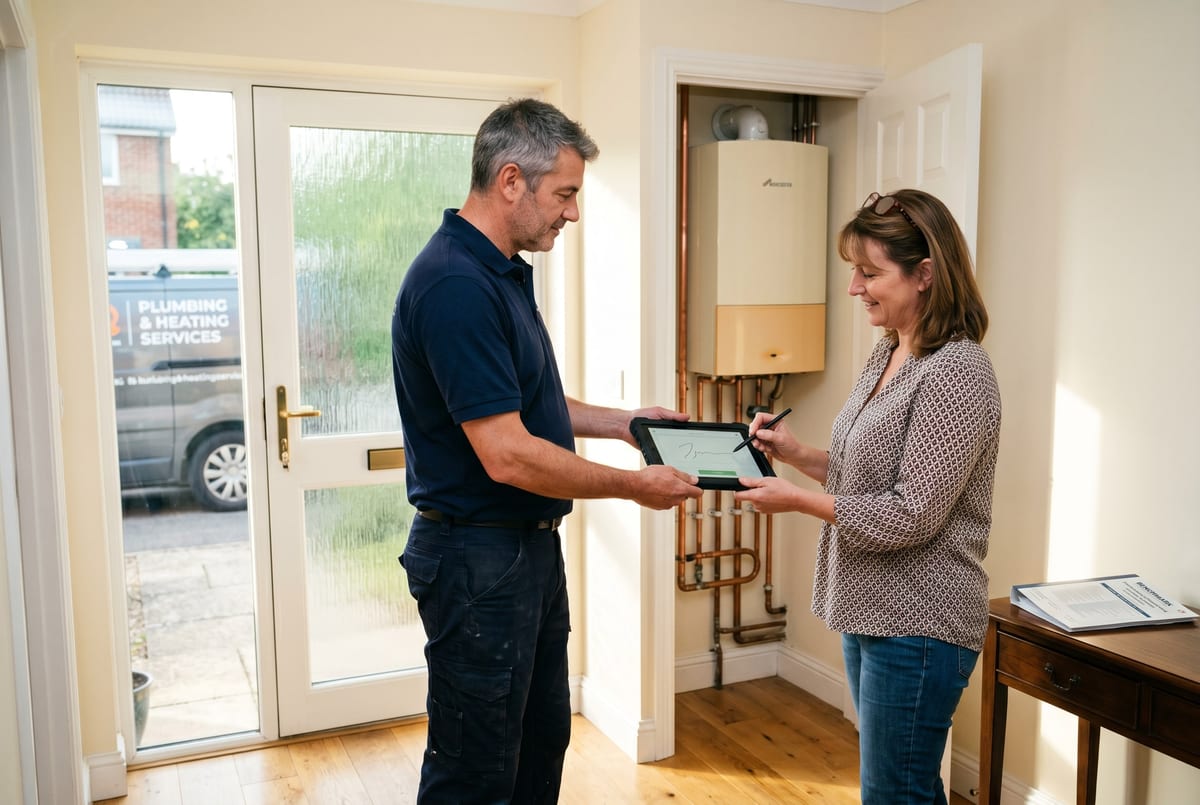 Doorstep handover - Benchmark signed, warranty registration confirmed, customer pack landing in her inbox