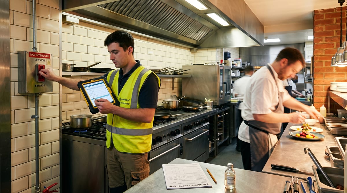 A working commercial kitchen mid-service - char-grill, six-burner range, the gas engineer's tablet logging COMCAT scope