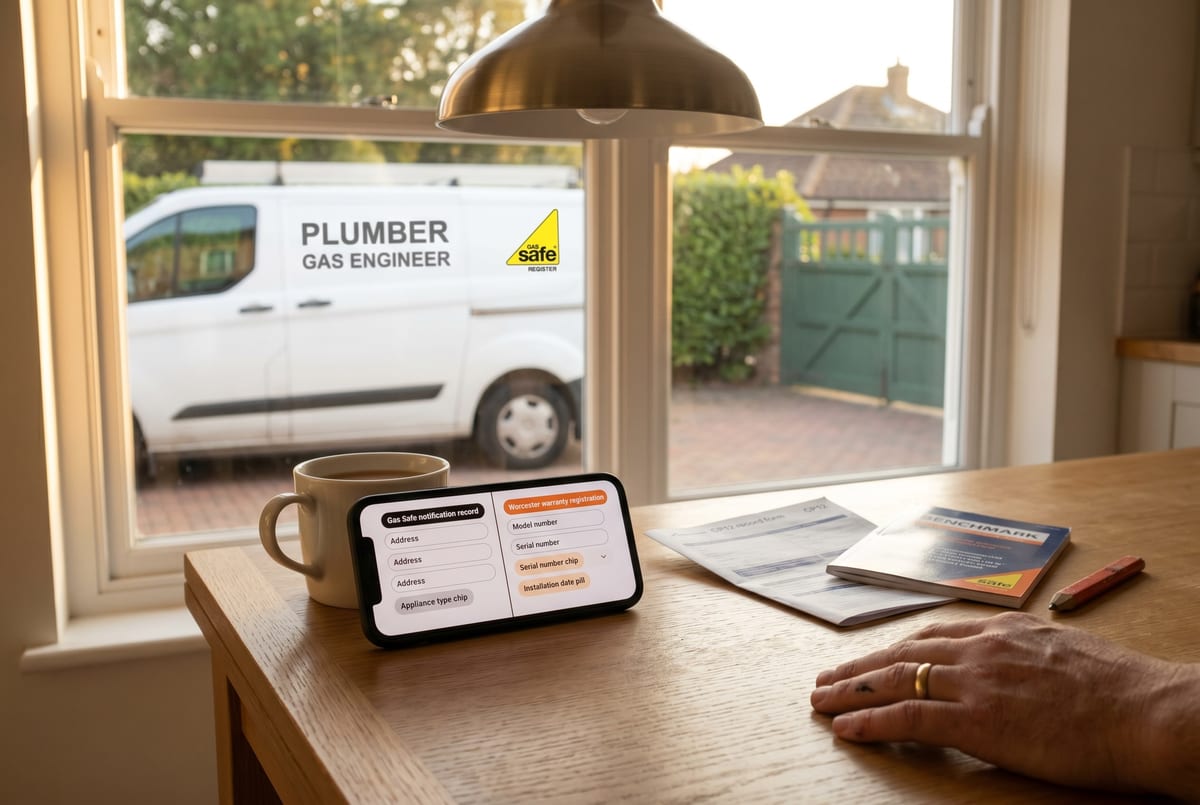 The thirty-day double window - Gas Safe notification and Worcester warranty registration both pre-filled, both queued, both ready to submit