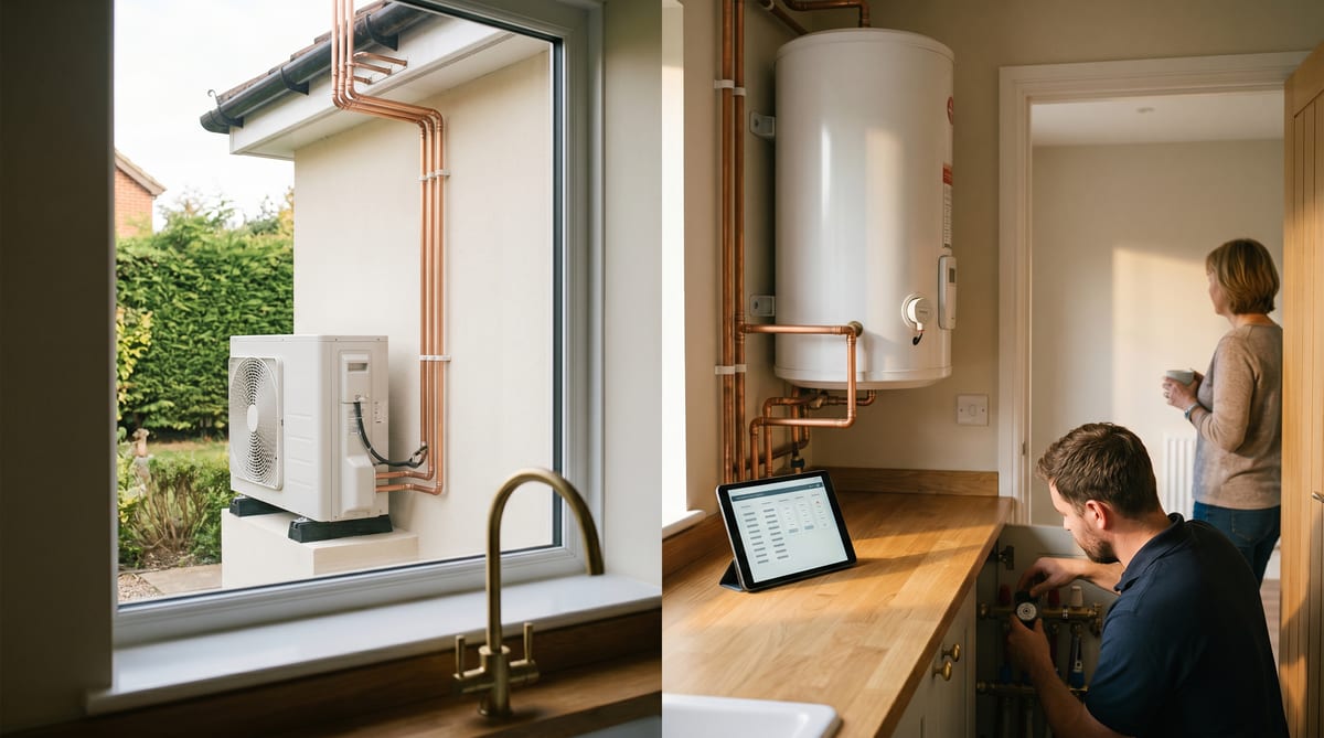 An ASHP install mid-commissioning - outdoor unit on the wall, indoor cylinder in the utility, the engineer logging commissioning measurements