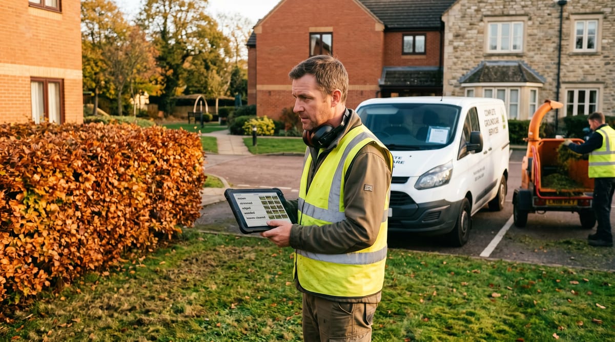 Monthly photo-report bundle - care-home grounds, the foreman's tablet, the structured PDF assembling from the site captures