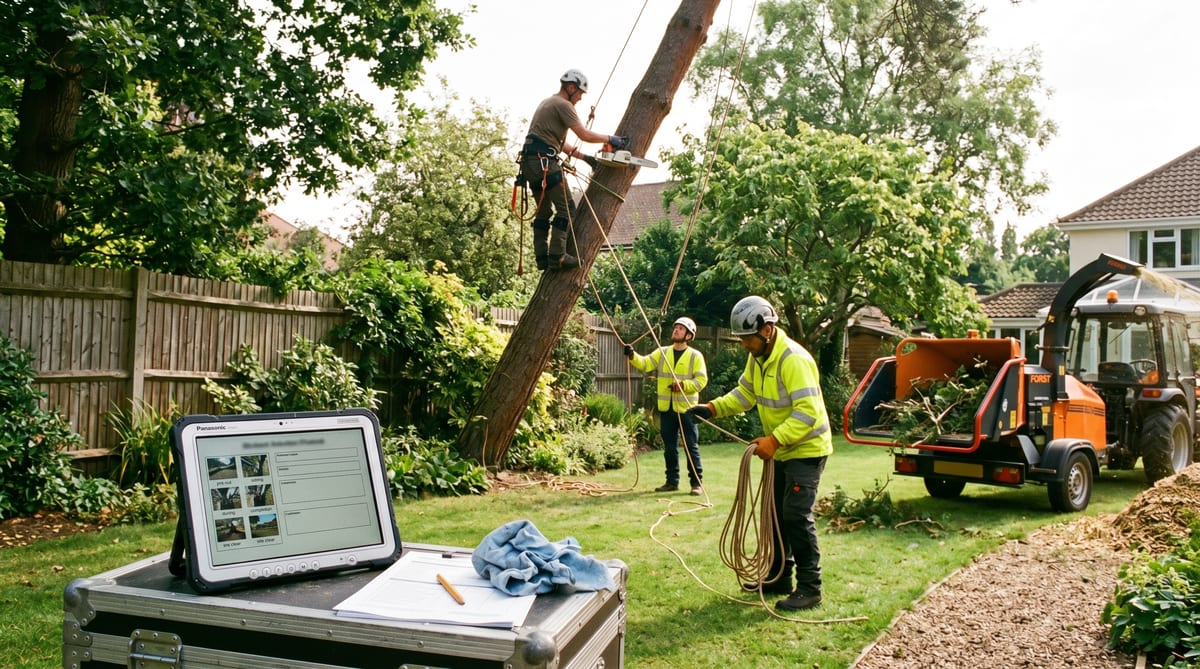 A rigging day - climber on a leaning Scots pine, ground crew on the lowering rope, the method statement on the tablet at the door