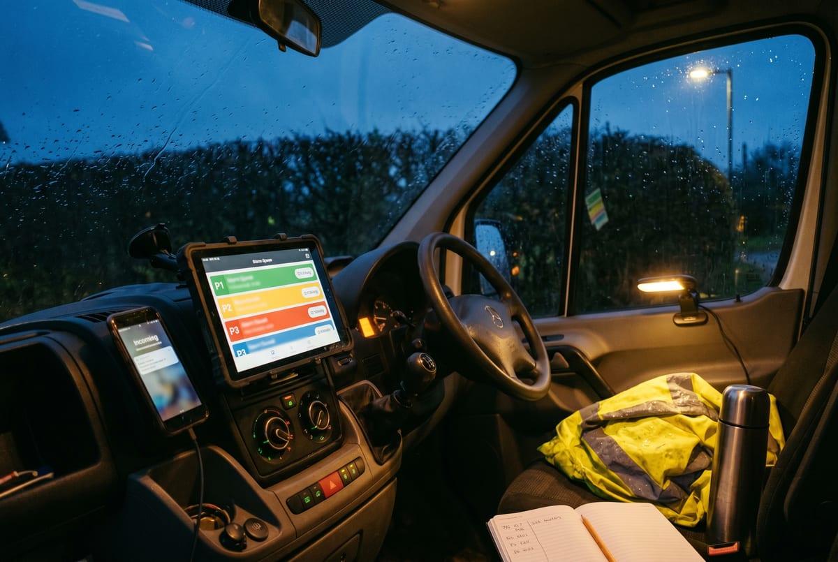 Storm-mode triage dashboard - the three-week melt, sorted by priority, the £1,400 day landing ahead of the £180 fence panel