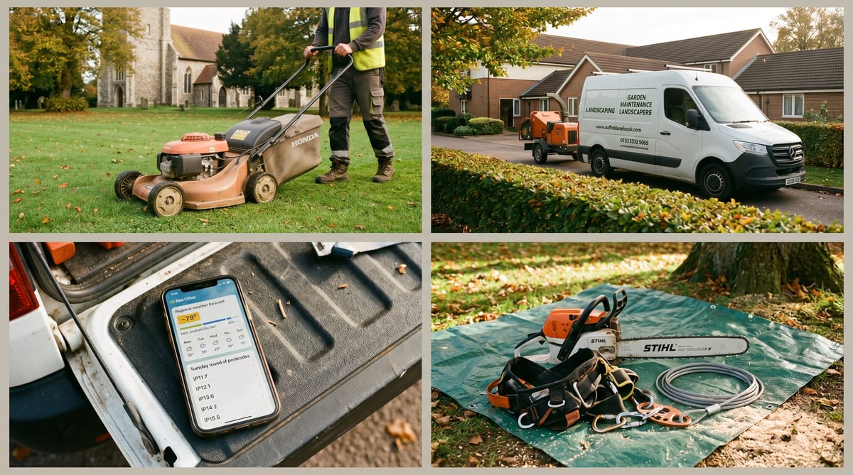 A UK landscaper's week - the round van, the Tuesday-round mower, a council parish sign, a storm-week chipper
