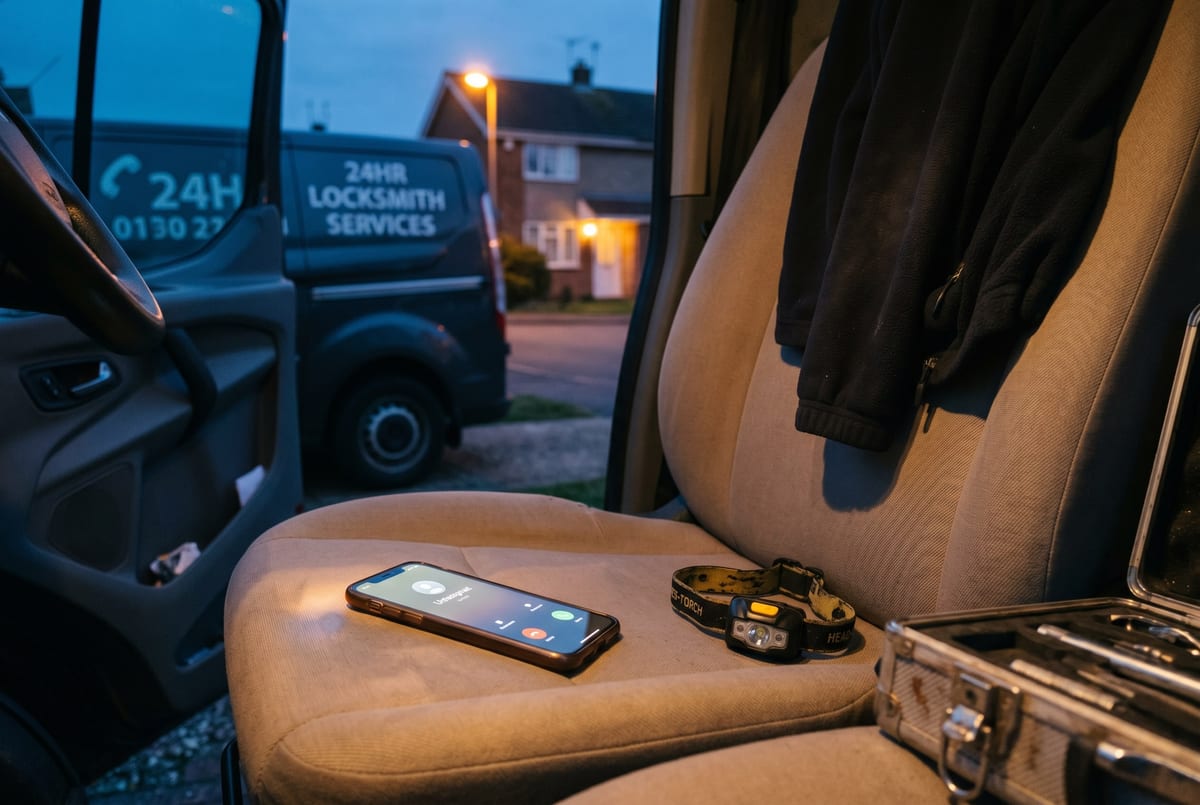 The 9pm lockout - phone lit on the van seat while the trust-signal SMS sends itself