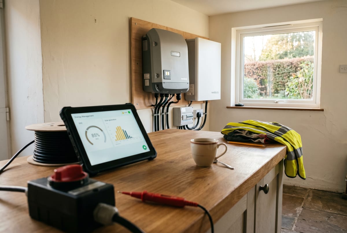 The utility-room hybrid inverter and battery - health data flowing back, the customer's app and yours agreeing