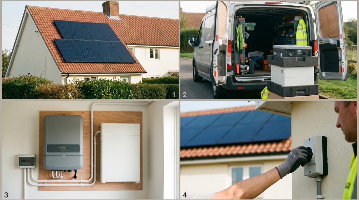 A UK solar PV install - panels on a Suffolk pitched roof, inverter and battery in the utility, mounting kit in the van