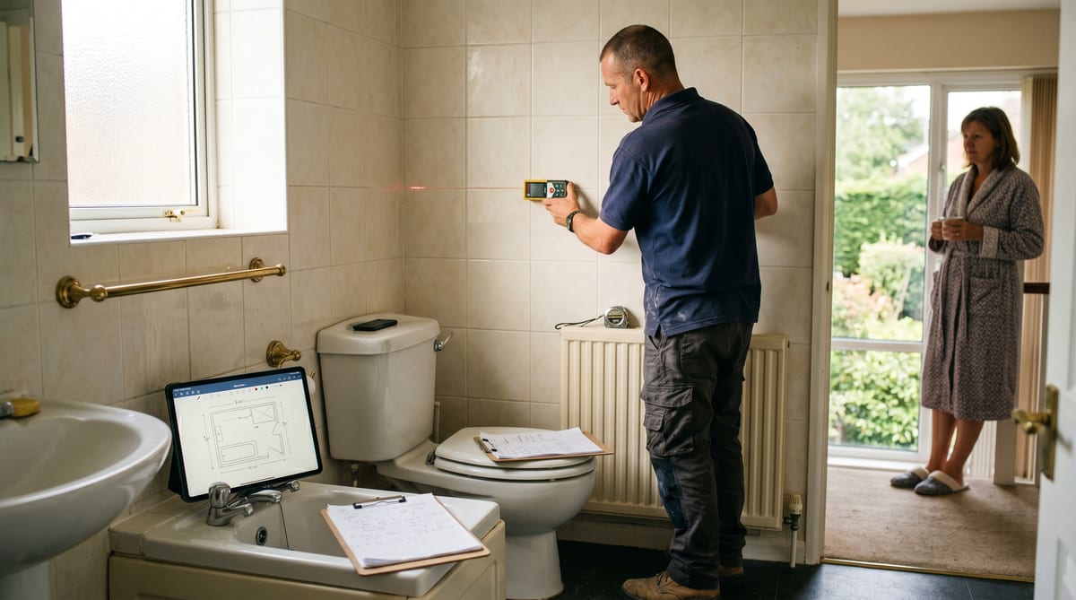 Saturday-morning bathroom survey - tape measure, iPad sketch, the customer in the doorway