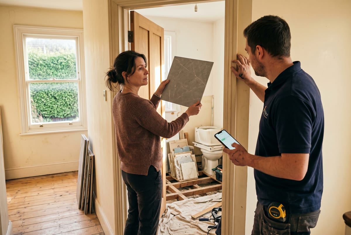 A doorstep variation moment - tile sample, voice note, signed in seconds