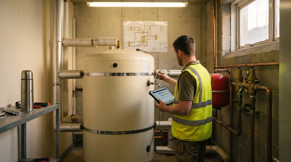 A commercial plant room - calorifier, expansion vessel, the engineer with a tablet logging temperatures