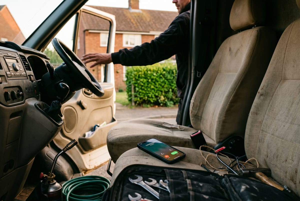 A flood-call moment - phone vibrating on the van seat while the plumber's hands are on a stopcock