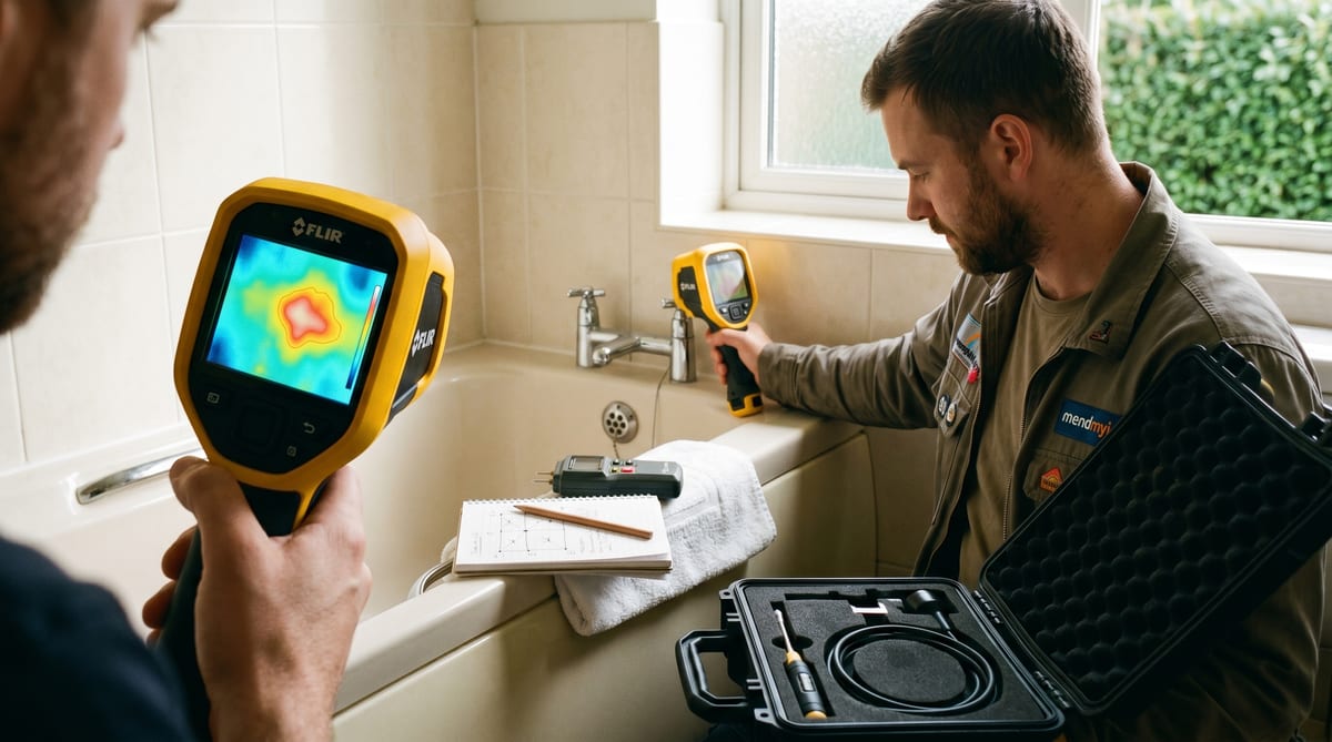 Trace-and-access on site - thermal camera, moisture meter, the leak located behind a wall