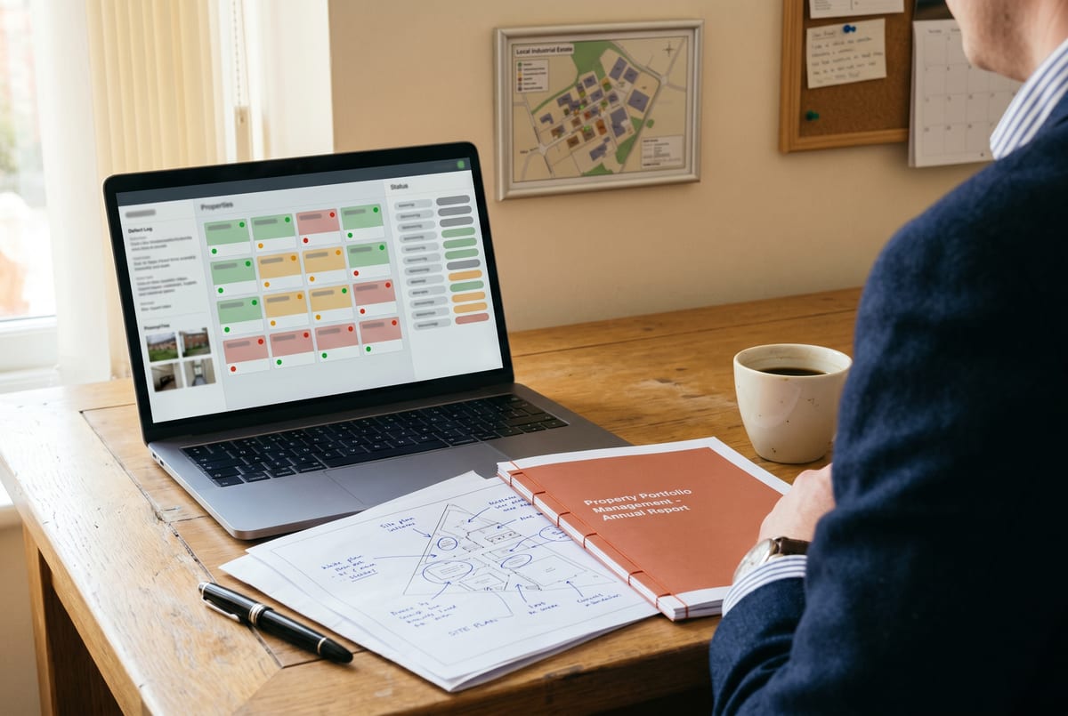 Property-manager portal - sites grid, current inspection status, defect log, manufacturer-warranty positions, all on one screen