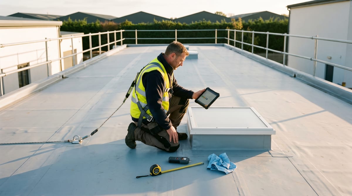 The commercial PPM round - a flat-roof inspection on a single-ply membrane, the tablet logging the inspection, the manufacturer warranty in mind
