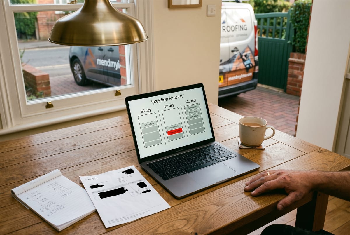 Claim-paced cashflow - sixty / ninety / one-twenty-day pay buckets, VAT bill alongside