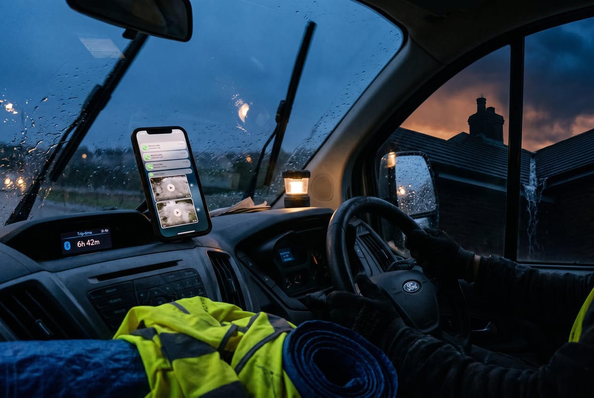 Storm-Sunday-night phone - twenty inbound calls in an hour, the agent picking up while the roofer's still on the roof