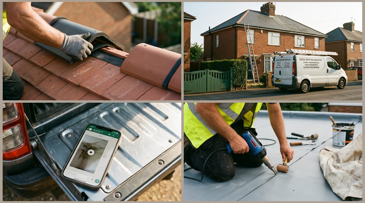 A UK roofer's week - a pitched-roof ridge, the van, a flat-roof single-ply lap, a phone with a leak photo