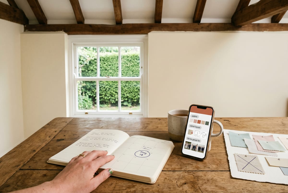 Six weeks before a wedding - the supplier opens the case file on her phone, the current brief surfaced (palette updated, ceremony layout updated, family-group list updated), no Friday-night Instagram-scroll required