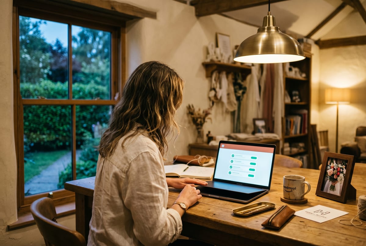 Friday evening at the wedding supplier's studio - the week's Hitched replies sent, Saturday-cap triage messages out, the August best-of selected and queued for publishing, the Q3 trough no longer a surprise