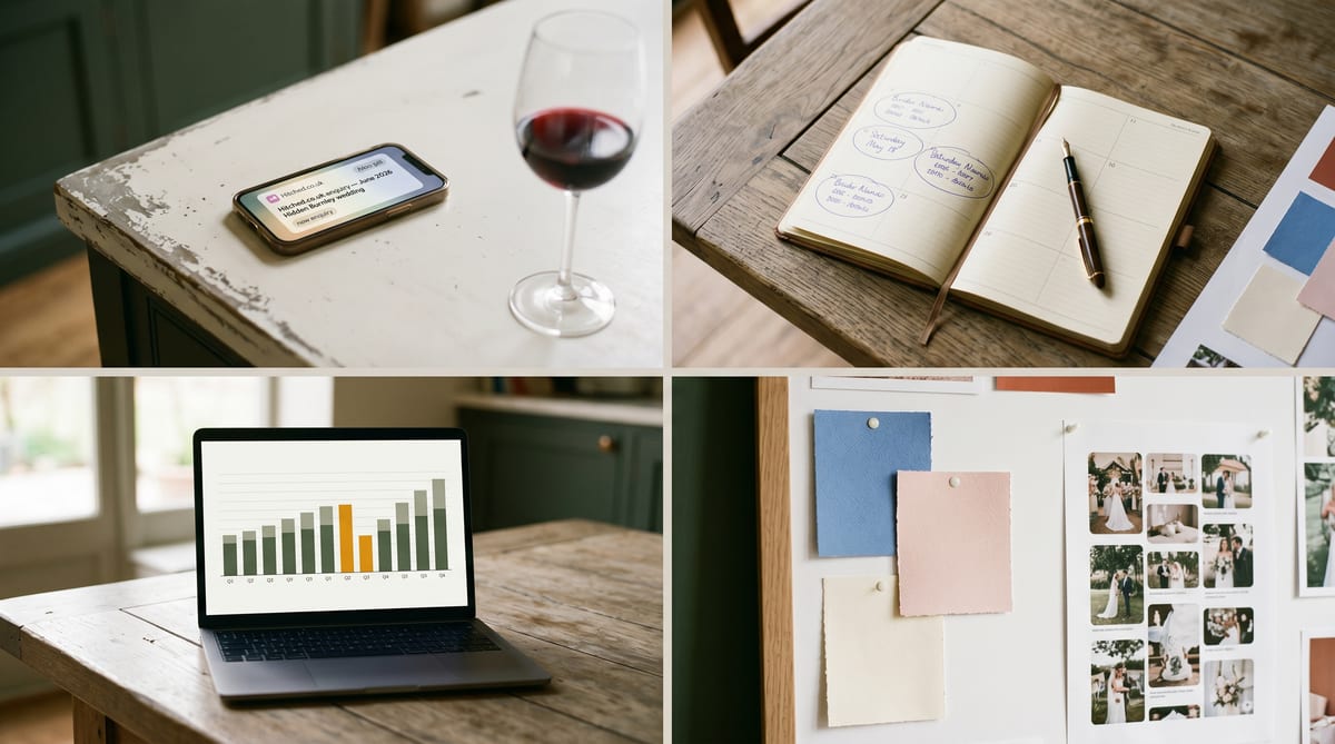 A UK wedding supplier's week - the 10pm Hitched ping, the May Saturday triage, the Q3 cashflow chart, the eighteen-month brief revival, the best-of-August publishing rhythm