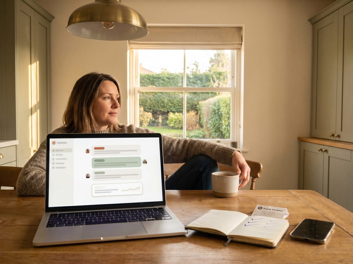 AI agent operator dashboard on a UK SME owner's laptop, warm Suffolk afternoon light