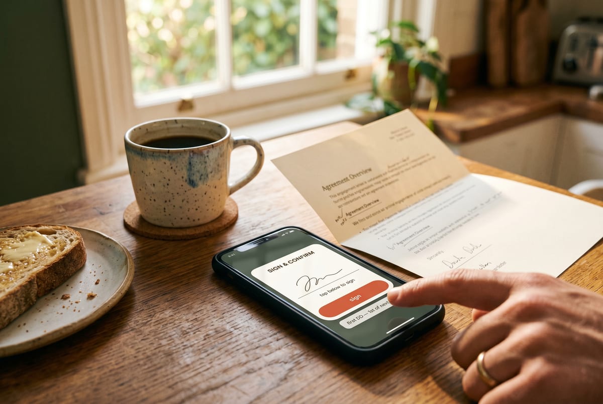 The new client e-signing the engagement letter and the first DD mandate in the same flow