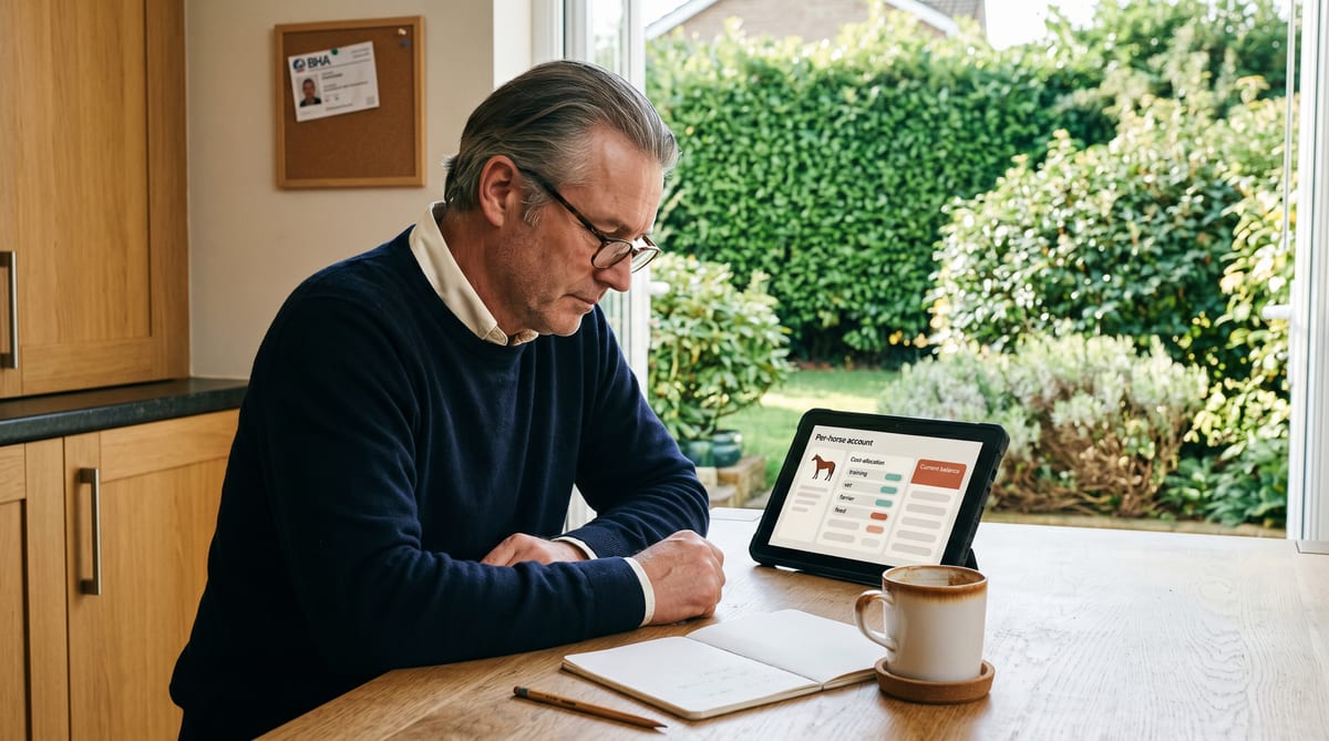 The syndicate owner glancing at his quarter-share's per-horse account on a Saturday morning
