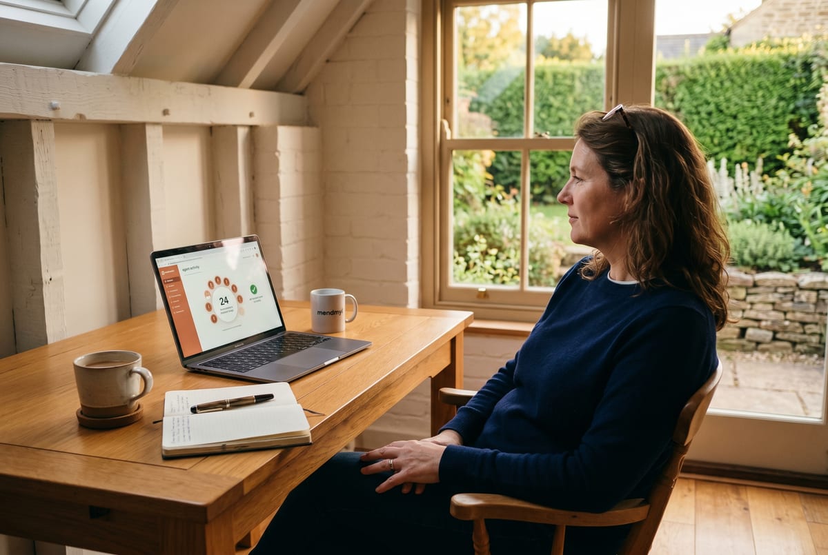 The same business owner, calmer, end of day - the receptionist quietly working in the background
