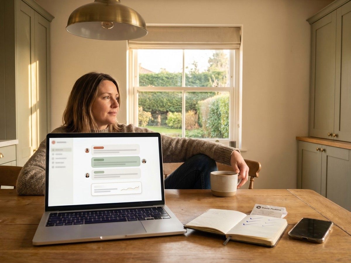 Editorial scene of a UK small-business owner with AI doing the boring half of the inbox in the background, warm Suffolk afternoon light at the kitchen table