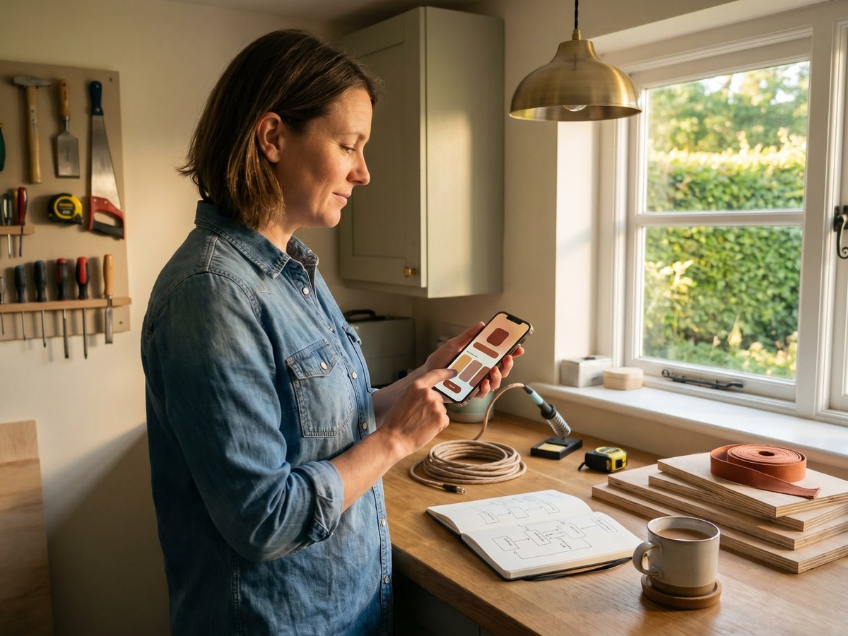 UK small-business owner at her workbench holding a phone showing her just-shipped app on the App Store, warm Suffolk afternoon light
