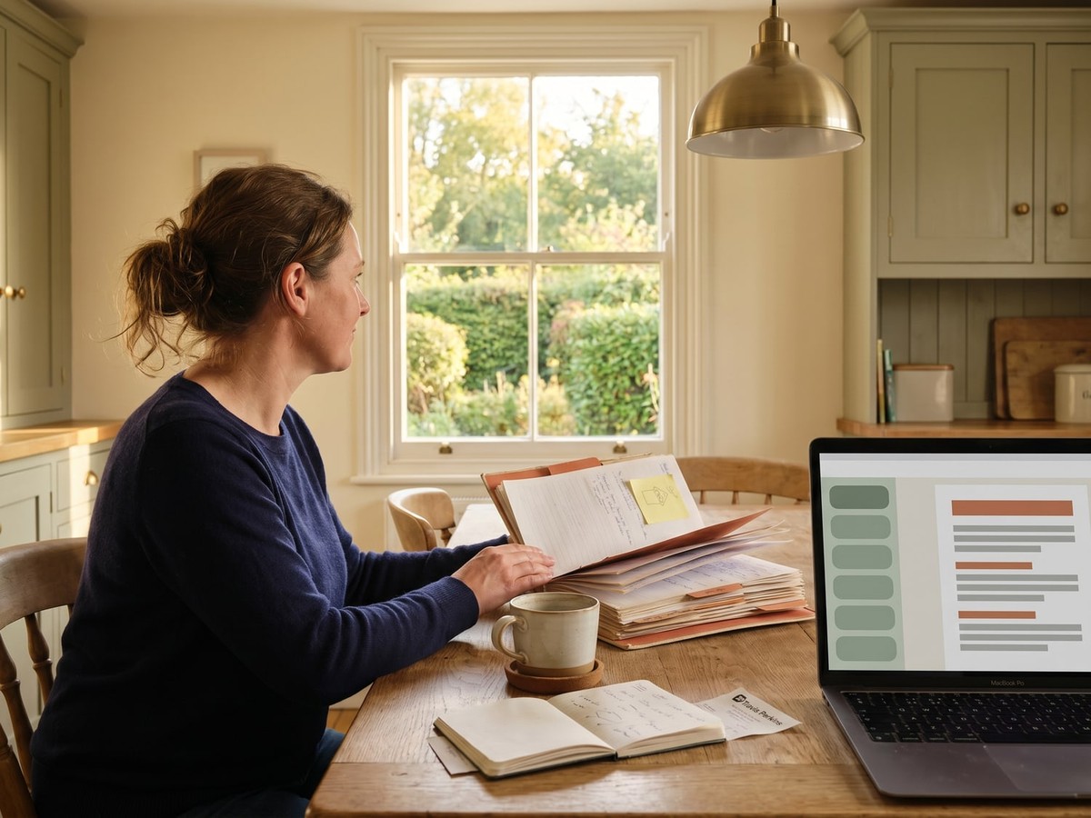 Editorial scene of a UK small-business owner with a printed playbook binder open alongside a laptop showing a Notion-style page tree, warm Suffolk afternoon light at the kitchen table