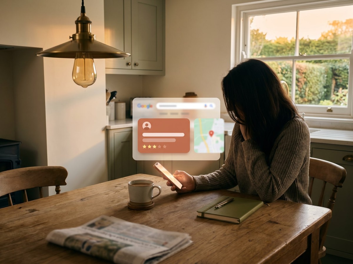 Editorial scene of a UK customer finding a local business on Google on a Sunday evening