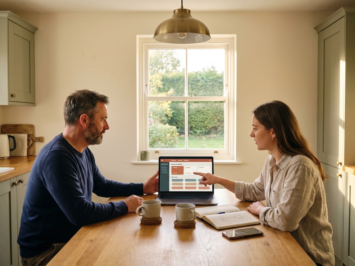 Editorial scene of a UK small-business owner walking a team member through software at a kitchen-table desk, warm Suffolk afternoon light