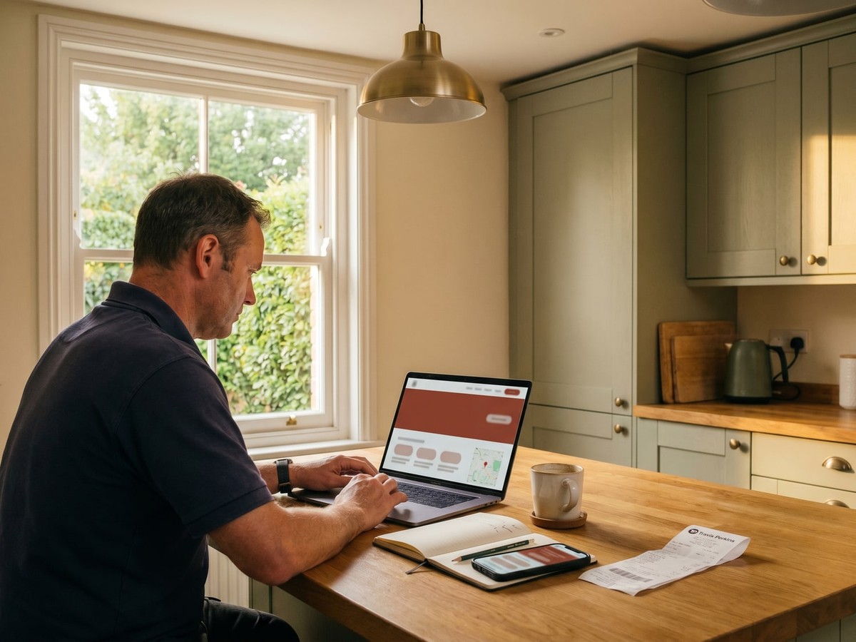 UK small-business owner reviewing their just-launched website on a laptop at a kitchen-table home office, warm Suffolk afternoon light