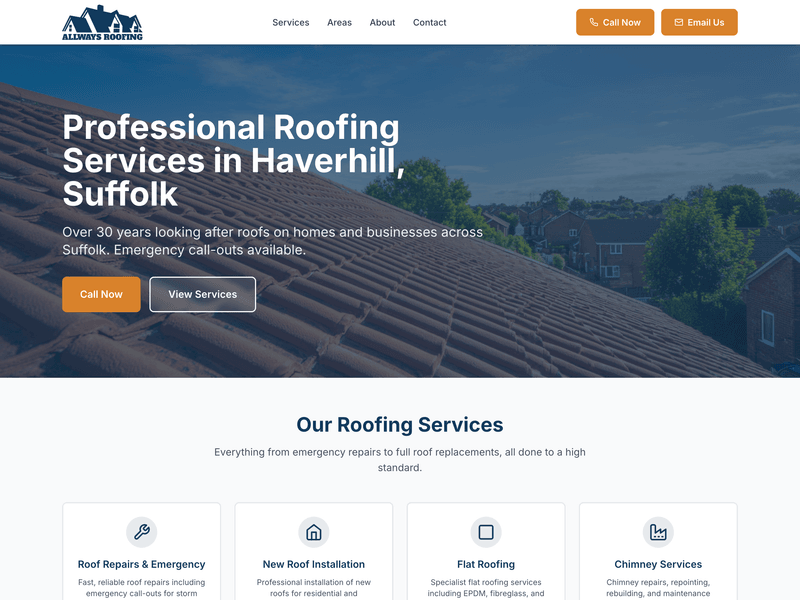 Screenshot of the Allways Roofing Haverhill website we built